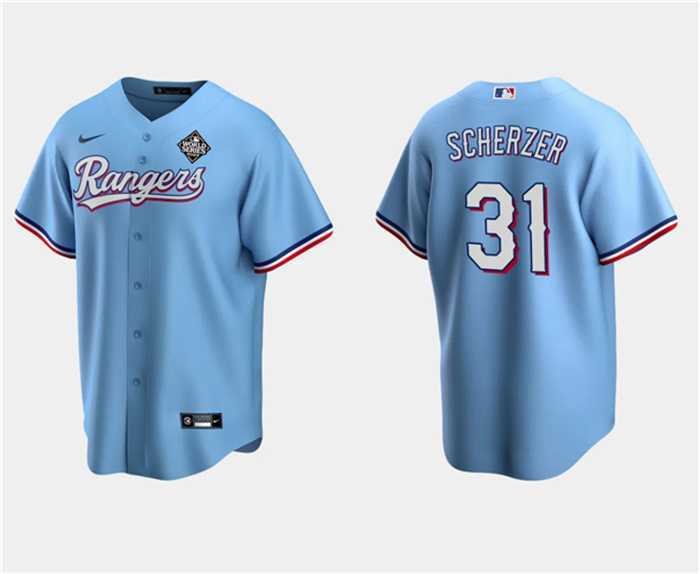 Mens Texas Rangers #31 Max Scherzer Blue 2023 World Series Stitched Baseball Jersey Dzhi->texas rangers->MLB Jersey